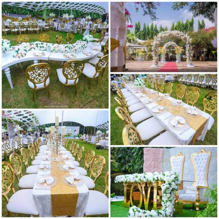 White wedding dress with gold accents